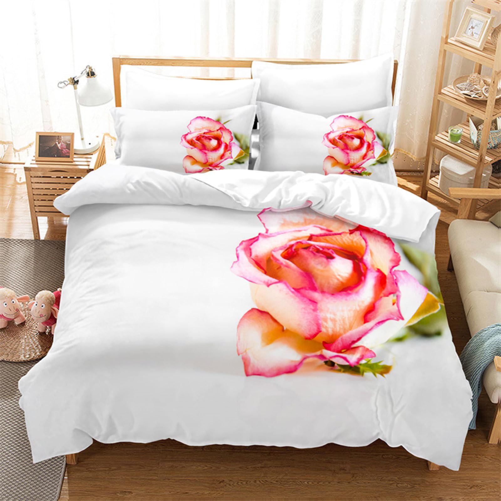 Housse de couette 240 x 260 fleur de rose blanche parure de lit 2 personnes haut de gamme
