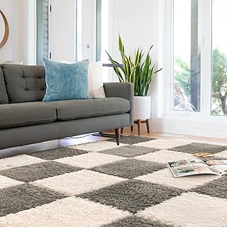 10 Stück Plüsch-Puzzle-Bodenschaummatten, Flauschige Ineinandergreifende Teppichfliesen, Weiche Puzzle-Matten für Schlafzimmer, Salon, Homeoffice (Cremeweiß+Grau, 30x30cm)