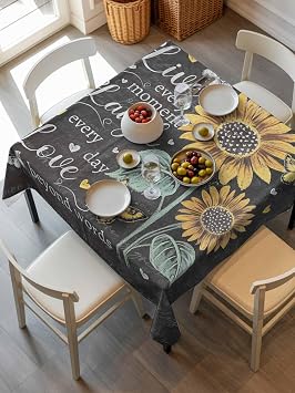 Vintage Sunflower Square Tablecloth 60 x 60 Inches Blackboard Flower Waterproof & Stain Resistance Table Cloth Decorative Fabric Table Cover for Dinning/Party/Buffet/Banquet