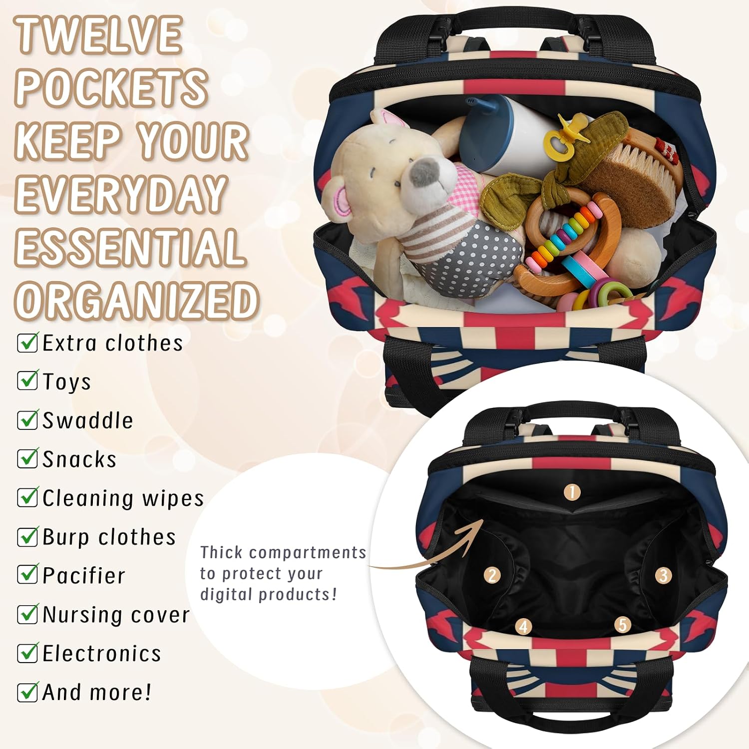 Crab Coastal Ocean Theme Diaper Bag Backpack Multifunctional Bag with Insulated Pockets, Travel Waterproof Daypack for Men Women with Stroller Straps