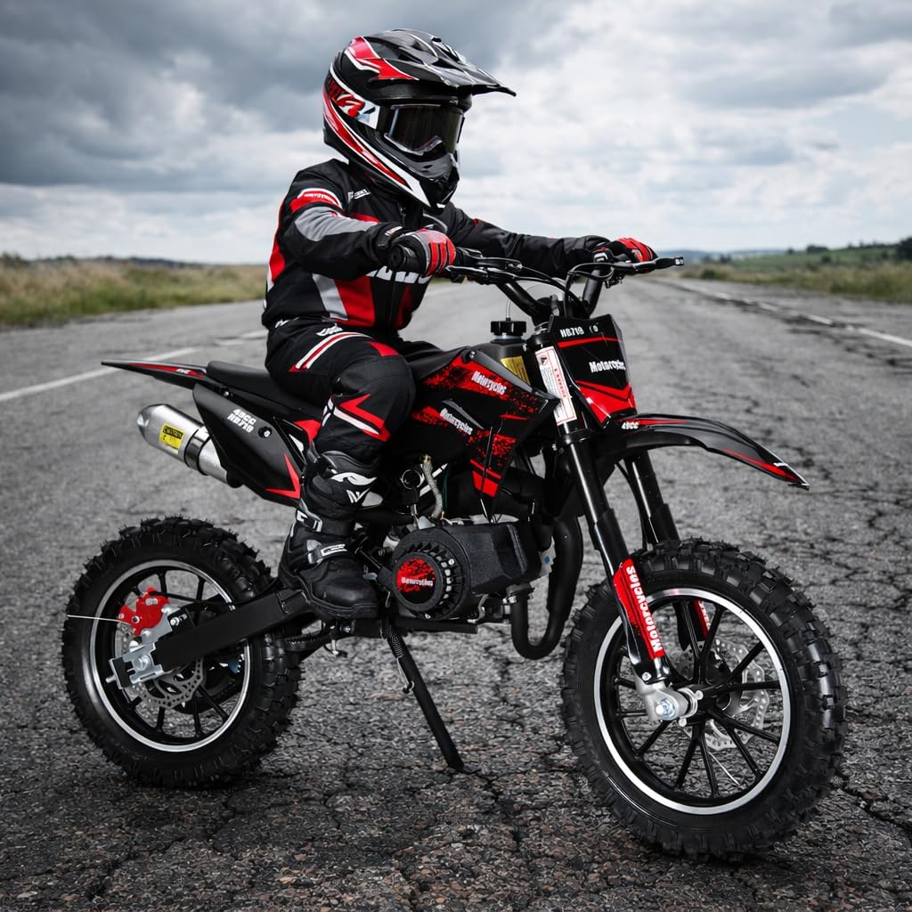 50CC 2-Stroke Kids Dirt Bike,Mini Motorcycle with Front Rear Disc Brakes,Up to 25 Mph,330Lbs Loading Capacity Gas Powered Motocross for Childs with Off-Road Tire,Shock Absorption Pocket Motorbike