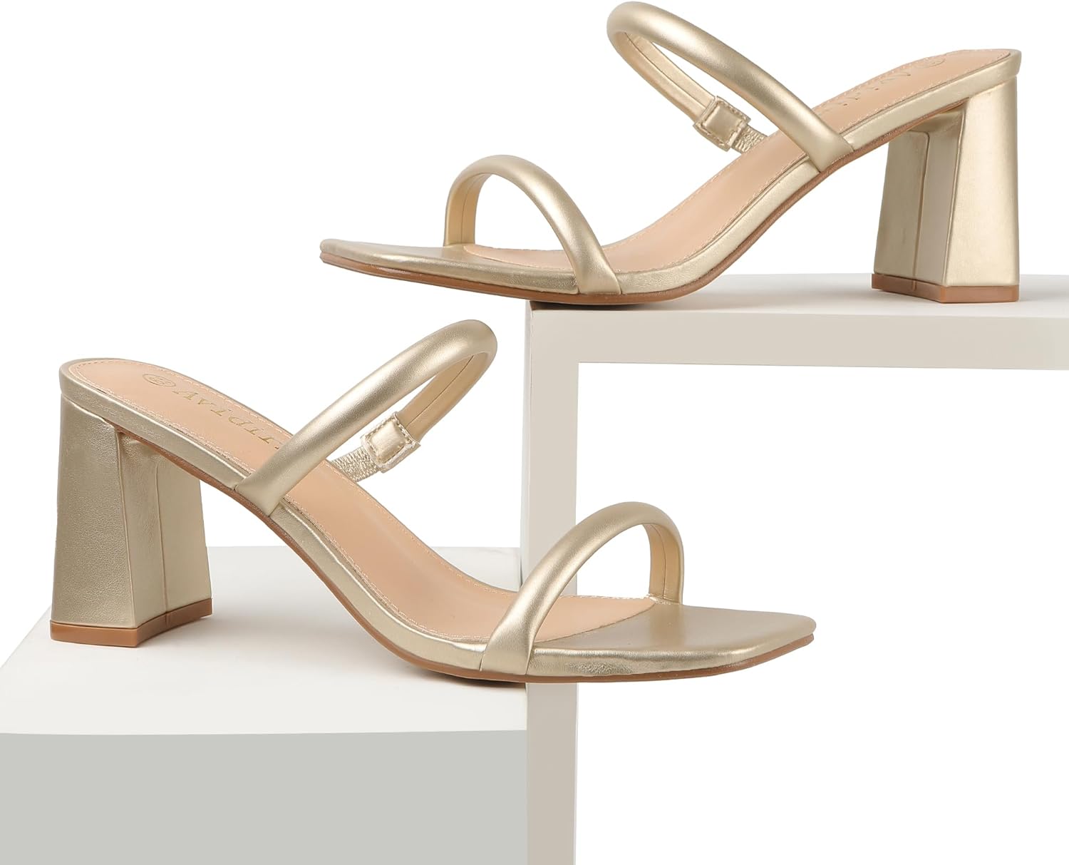 Women's Square Open Toe Heeled Sandals Two Strap Mules Slip On Block Chunky Mid Heels Sandals - Image 7