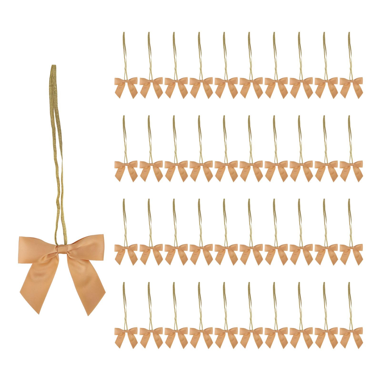 Meseey 50pcs Stretch Elastic Loops with Pre-Tied Ribbon Bows for Gift Wrapping,Baby Showers, Weddings, Christmas Boxes (5", Gold)