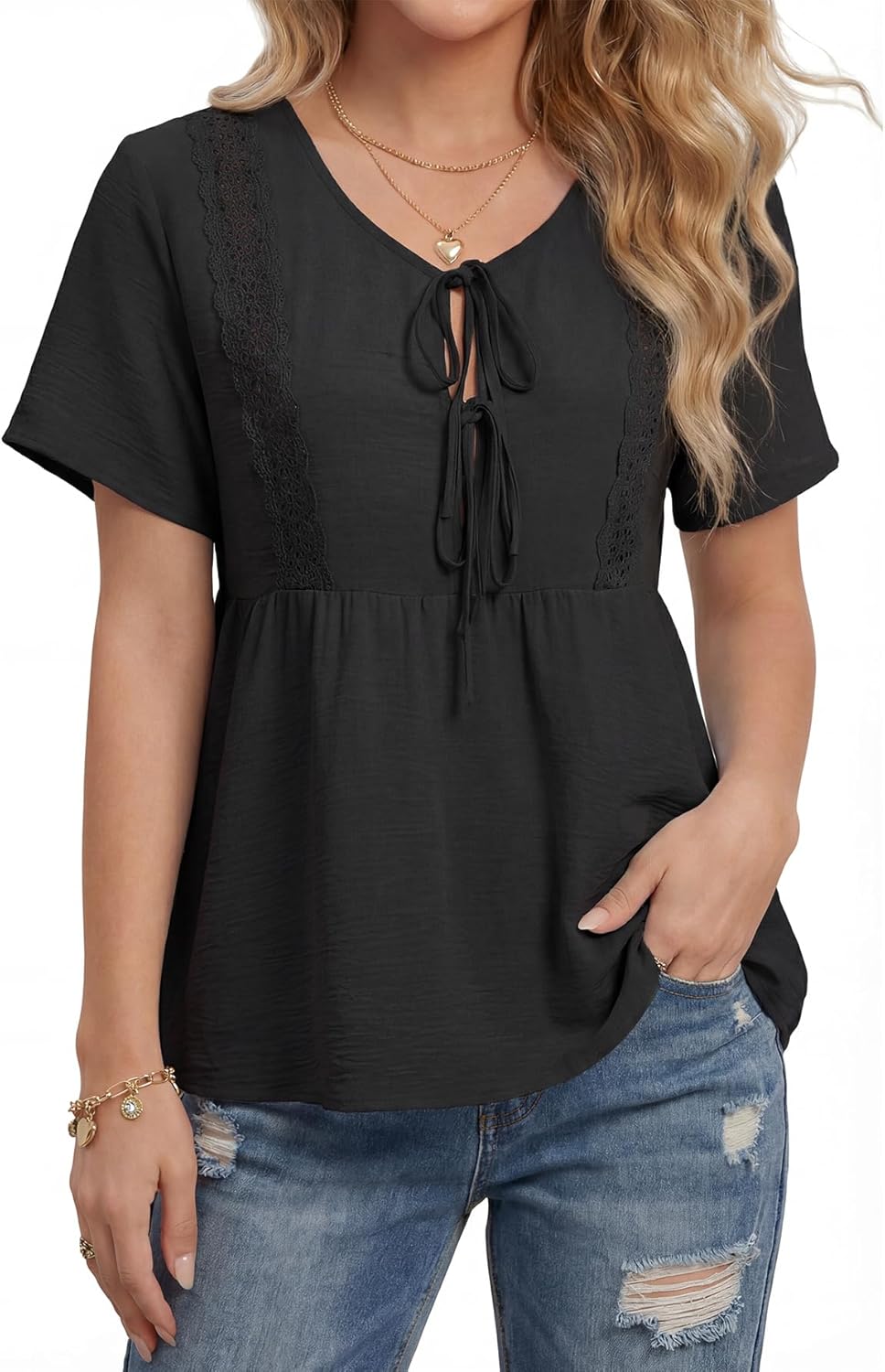 Umenlele Women's Tie Front Babydoll Hollow Out Short Sleeve Casual Shirt Tops - Image 3