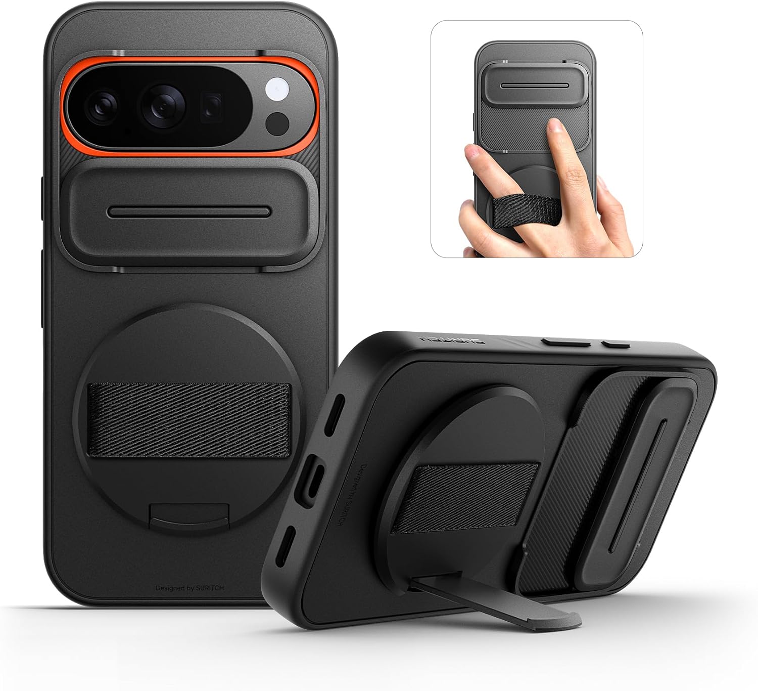 SURITCH for Google Pixel 10/10 Pro Case with 360° Rotatable Hand Strap Phone Grip Holder & Invisible Kickstand & Slide Camera Cover, Protective Cover for Pixel 10/10 Pro -Black