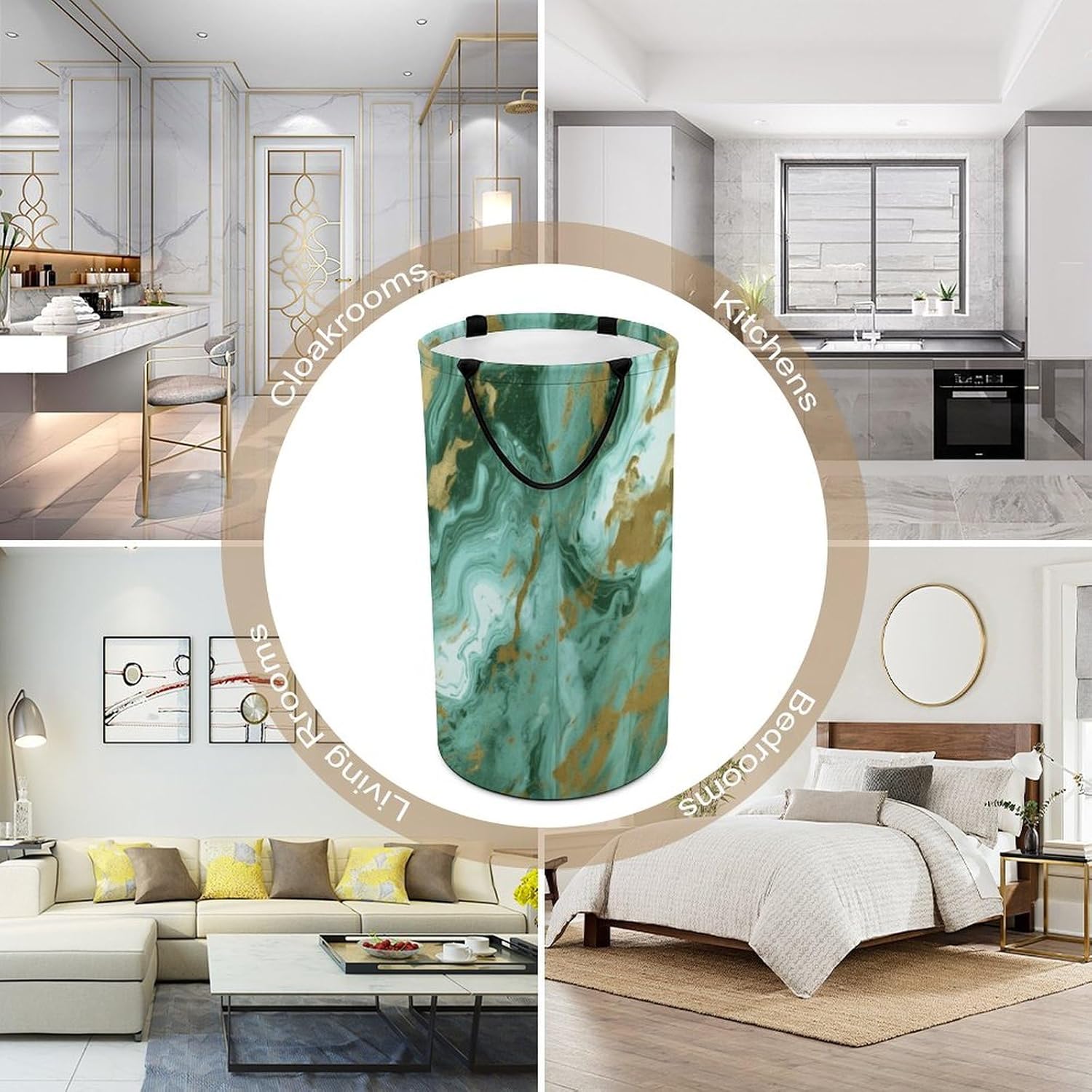 Large Laundry Basket Green Gold Marble Dirty Clothes Hamper Collapsible Waterproof Laundry Hamper with Handles Freestanding Toy Blanket Storage Basket for Bedroom Bathroom