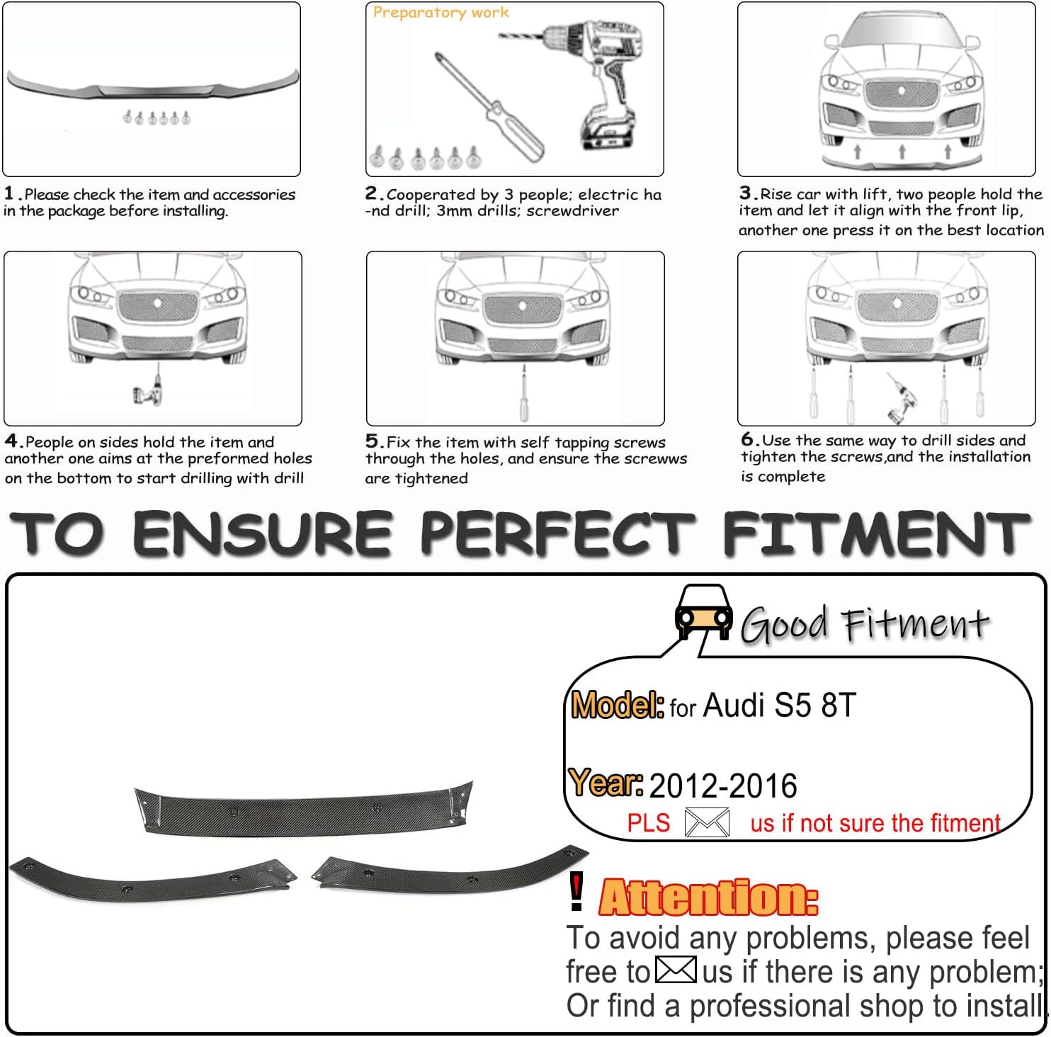 Carbon Fiber Front Bumper Lip for Audi S5 8T 2012-2016 Front Chin Spoiler Splitter Protector Factory Outlet (3pcs/Set)