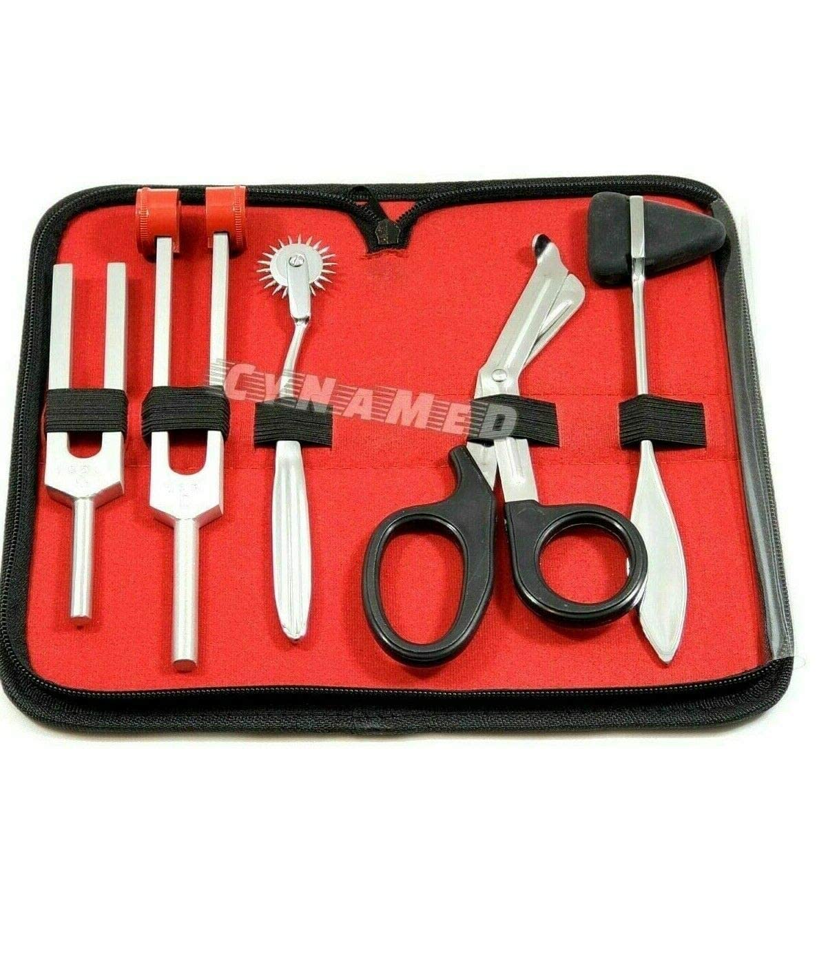 New 5 Piece Student Diagnostic Kit - Reflex Taylor Hammer and Tuning Fork Set C 128 and C 512. Includes Wartenberg Pinwheel, Premium Steel Bandage Scissor 7.5” Black