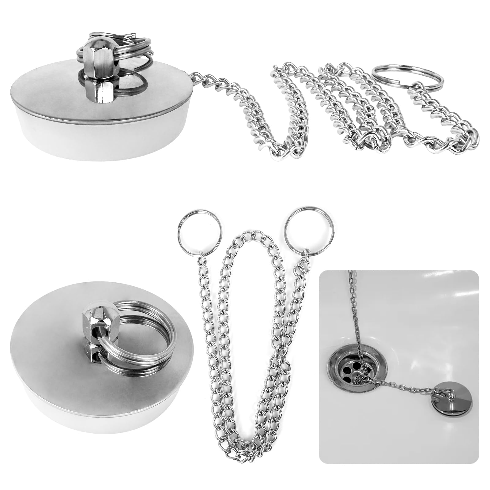 Tapón de Lavabo Universal, 2 Tapones de Drenaje Tapón Fregadero Ø 42-46mm Tapón de Bañera con Cadena de Acero Inoxidable Desagües Estándar Tapones Universales para Lavabo Lavabo Cocina Bañera Baño
