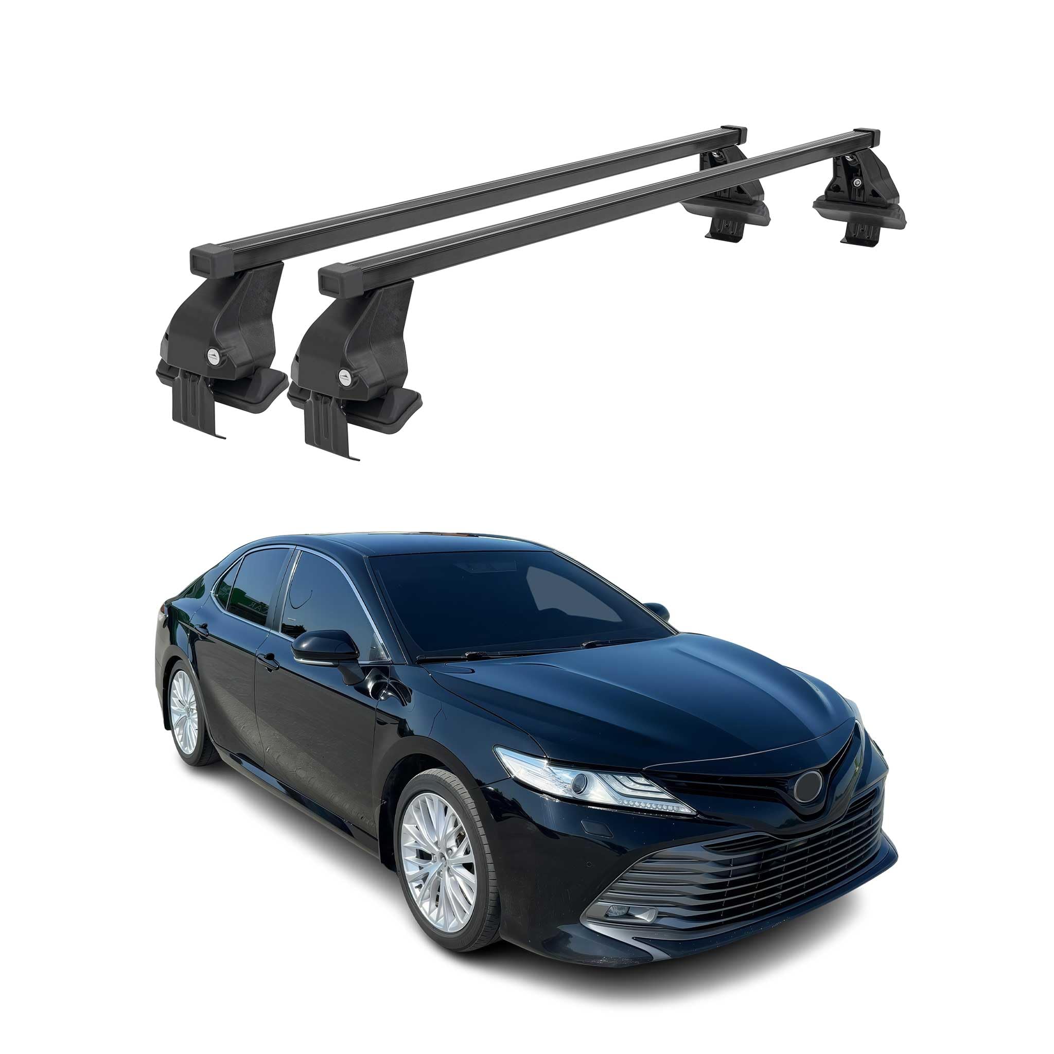 OMAC Barres de Toit transversales en Acier pour Toyota Camry XV70 2018-2022 – Antivol Inclus – Testées City Crash – DIN 75302:2019 – ISO/Pas 11154:2006 – Charge Max 50 kg Noir