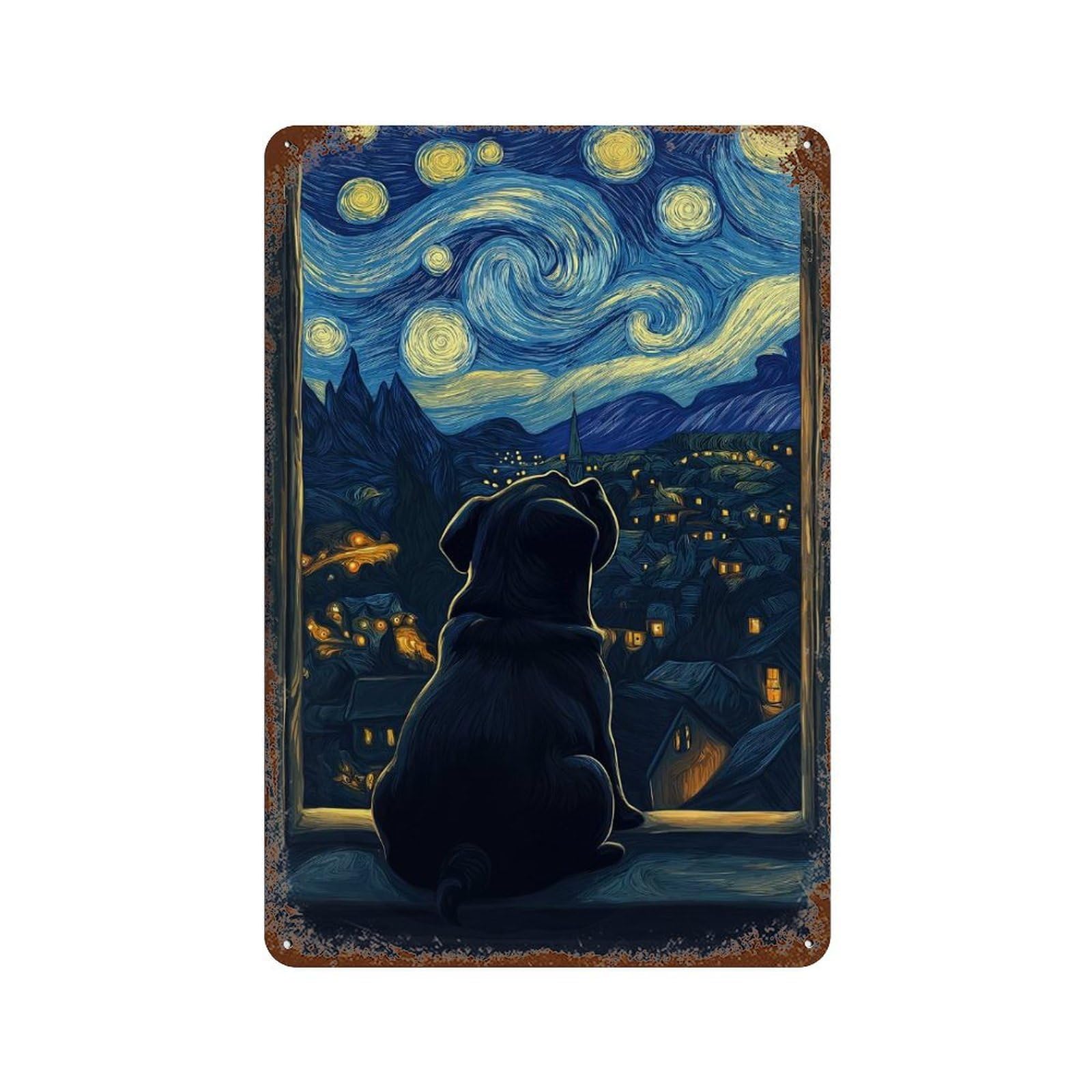 Rust Effect Pug Starry Night Rustic Tin Plaque 11.8"x7.9", Classic Wall Plaque for Shed, Workshop And Garage Wall Decor