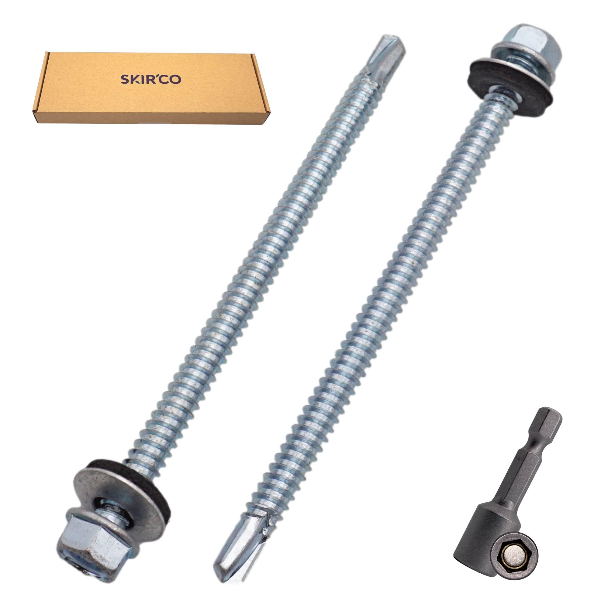 SKIR'CO (50 uds.) Tornillos para techos galvanizados 6,3 x 105 mm cabeza hexagonal, tornillos autoperforantes DIN 7504-K con arandelas de sellado EPDM