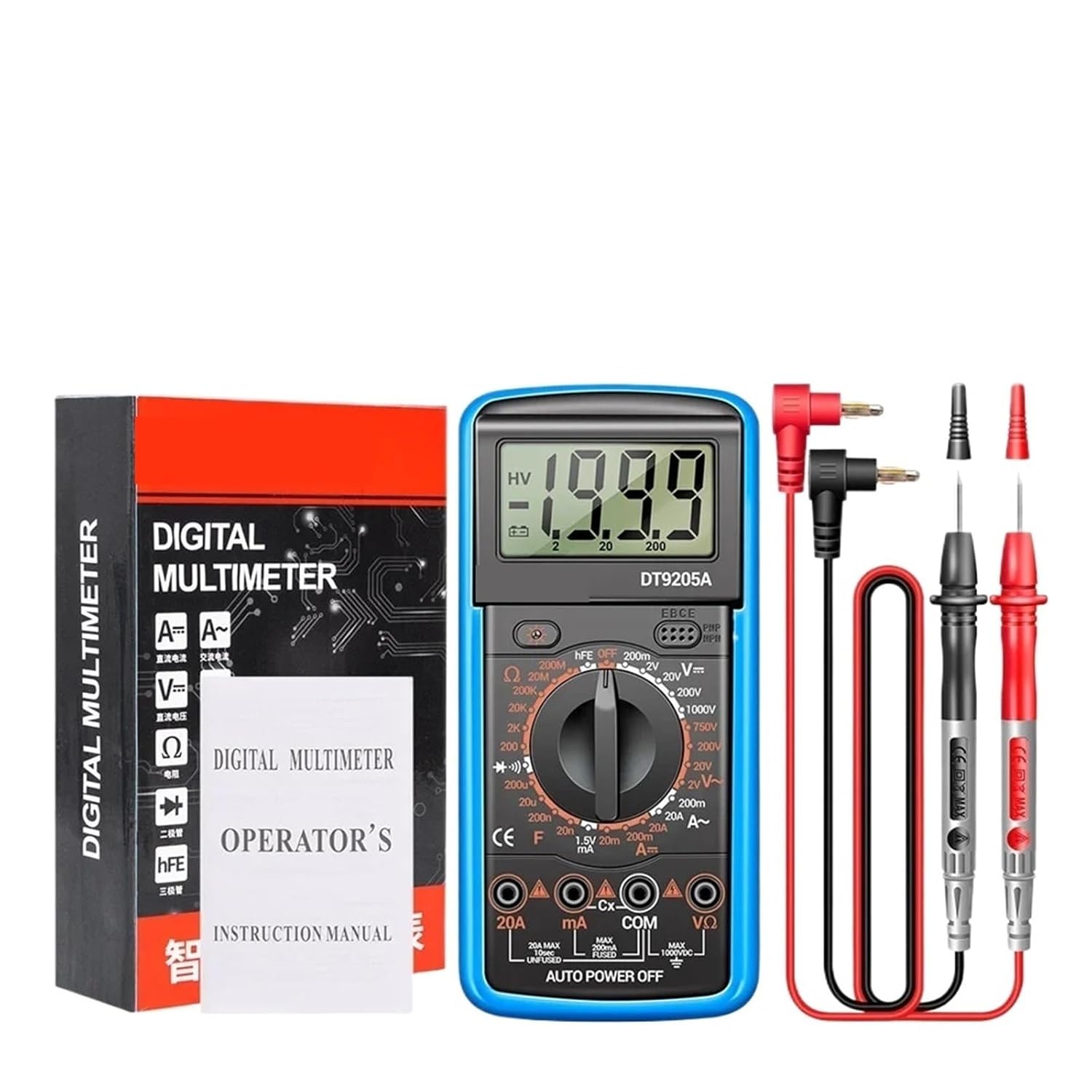 DT9205A-12 Counts Digital Multimeter AC/DC Current Voltage Tester Electrical Test Meter Profesional Analog Multimetr(DT9205A-12 Red PRO)