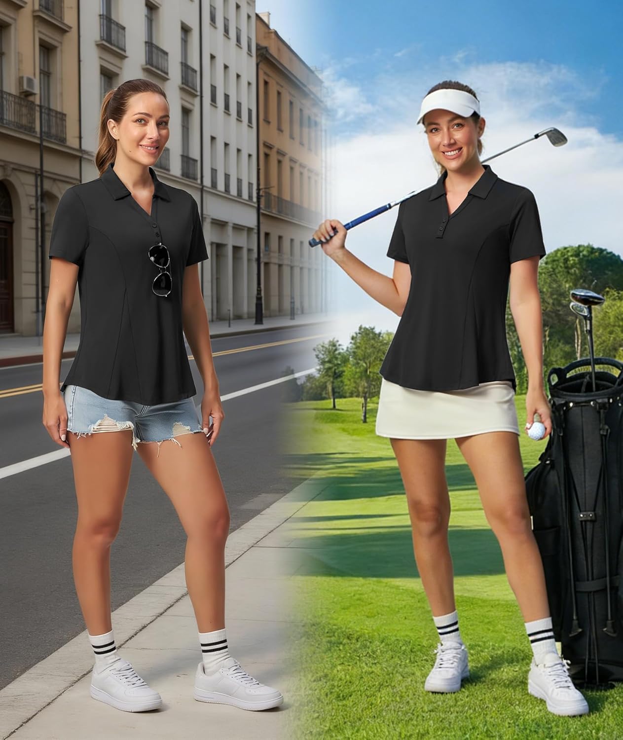 Casei Women's Golf Polo Shirt with Sunglass Loop, No-Tuck Peplum Tennis Pickleball Top, V-Neck UPF 50+ - Image 3