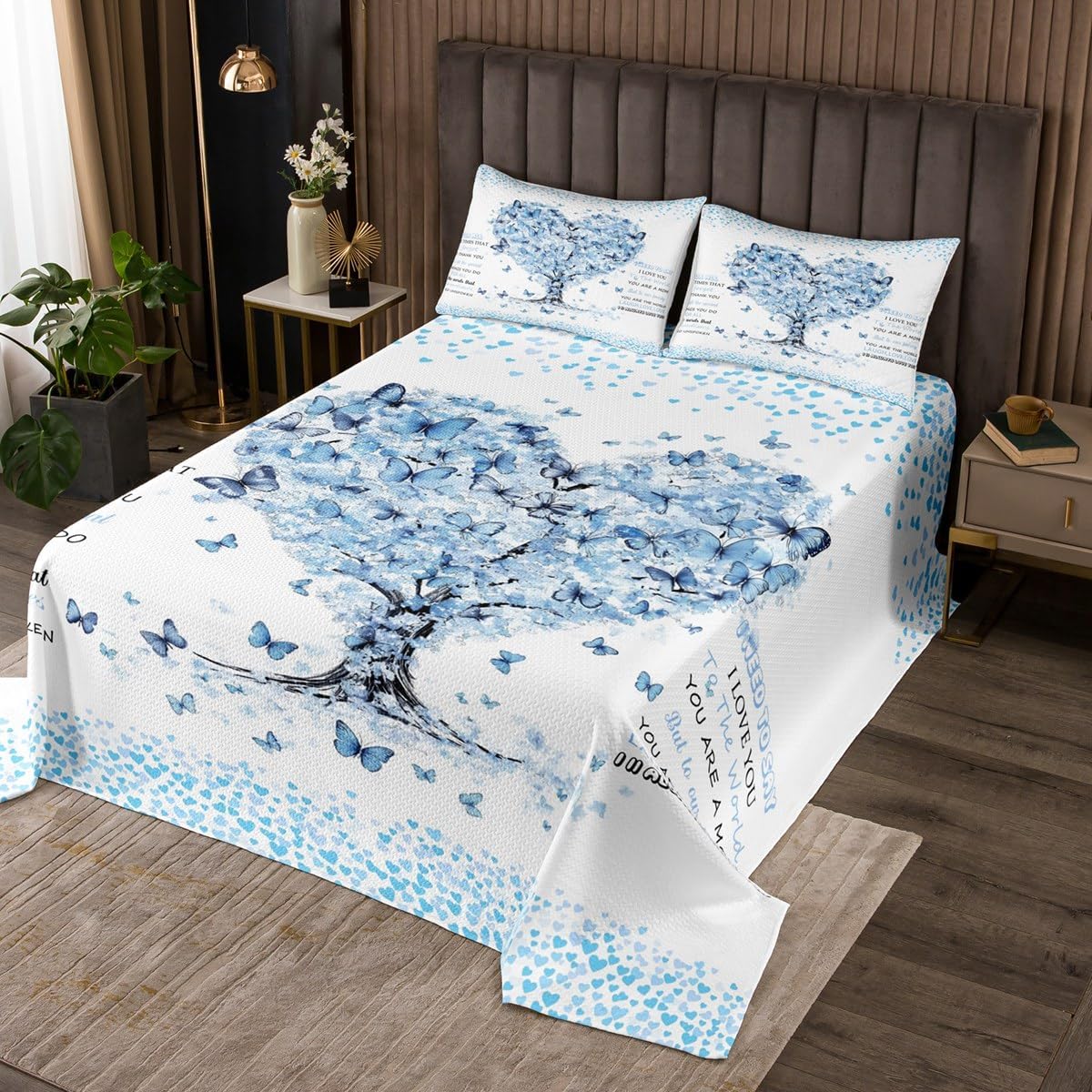 Women's Day Kids Bedspread King Size,Butterfly Love Heart Mother's Day Coverlet Set,Girls Women Room Decor,Inspirational Words Dreamy Quilted Coverlet,Blue Bedding Quilt,2 Pillowcases