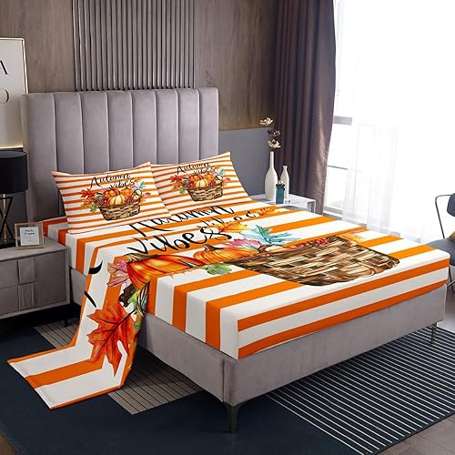 Miniatura 11 de Erosebridal Juego de sábanas de Feliz Acción de Gracias, juego de sábanas de calabaza de otoño, hojas de otoño y otoño, sábana superior