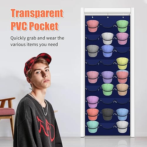 Miniatura 7 de Perchero para gorras de béisbol, 27 bolsillos sobre la puerta, organizador de gorras de béisbol, almacenamiento de sombreros para armario, bolsa de