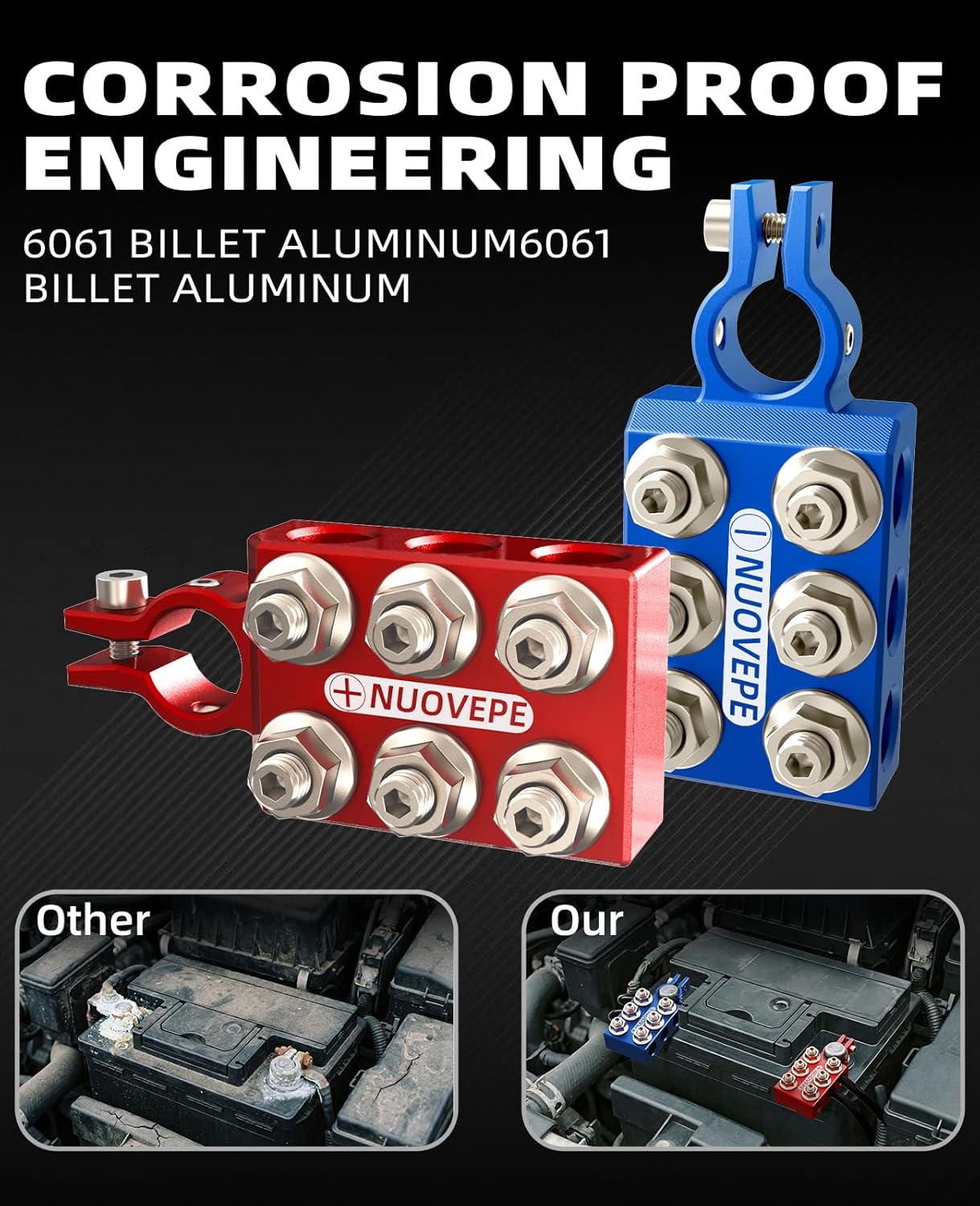 Heavy Duty Battery-Terminal-Connector: 12-Way Car Battery Terminals, Aluminum Corrosion Resistant, 8AWG up to 4/0(XL) AWG Gauge, Fits SAE/DIN/EN Top Post for Car Audio, Winch, Truck, Off-Road