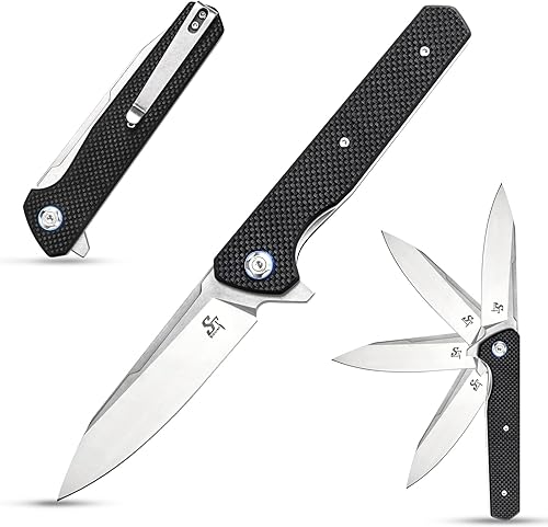 Sitivien ST135 Cuchillo plegable, hoja de acero D2 G10, mango EDC para exteriores, cuchillo para caza, pesca, campamento (negro)
