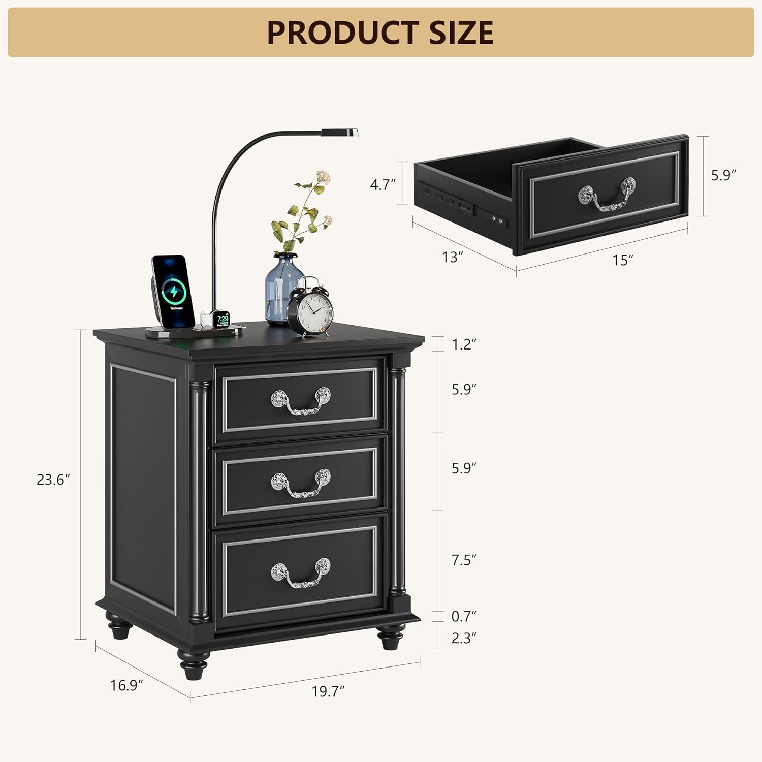 Dystler Farmhouse Nightstand with Gun Drawer and 3 Large Storage Drawers,Smart Bedside End Table with LED Light and Human Sensor Charging Station（Black）