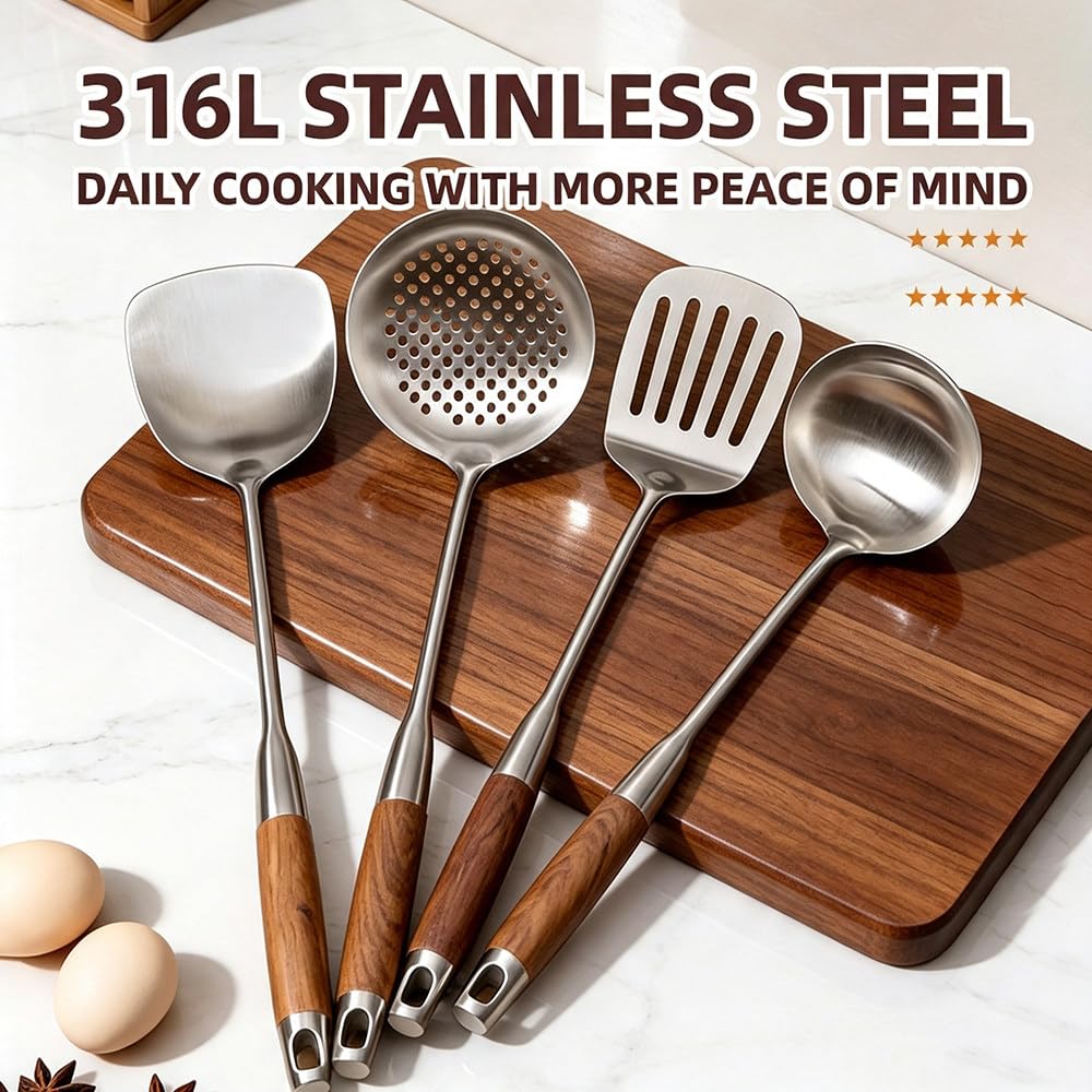 4-Teiliges KüChenhelfer-Set Aus Edelstahl 316l, Kochutensilien Mit Griffen Aus Massivem Padauk-Holz Und Edelstahl 304, Wok-Spatel, Pfannenwender, SchaumlöFfel, Suppenkelle