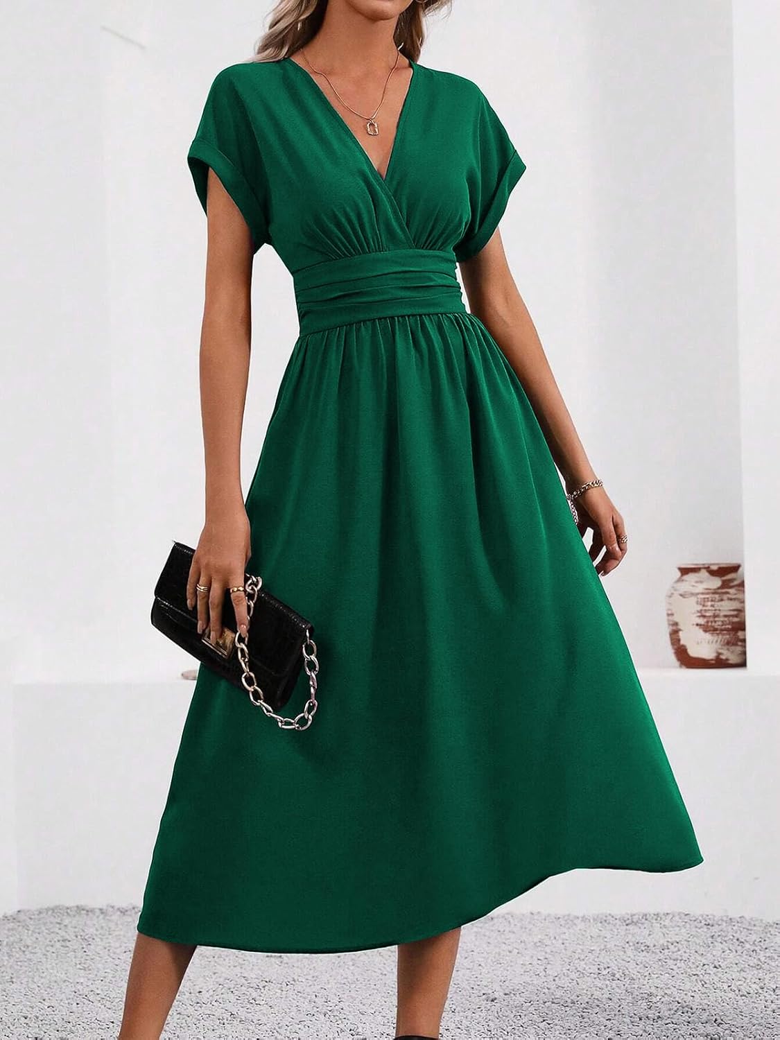 LIAMERHE Jurk met lange mouwen/korte mouwen voor dames, casual, lange jurken, V-hals, elegante jurk met lantaarnmouwen, A-lijn, vlindermouwen, B - wit, kort, XL