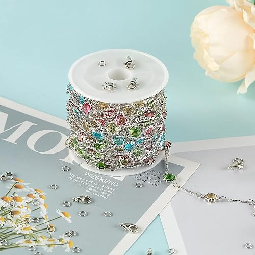 Miniatura 4 de Cadenas de 16.4 pies de diamantes de imitación multicolor a granel, cadena de latón chapado en plata para hacer joyas con anillos abiertos y cierres