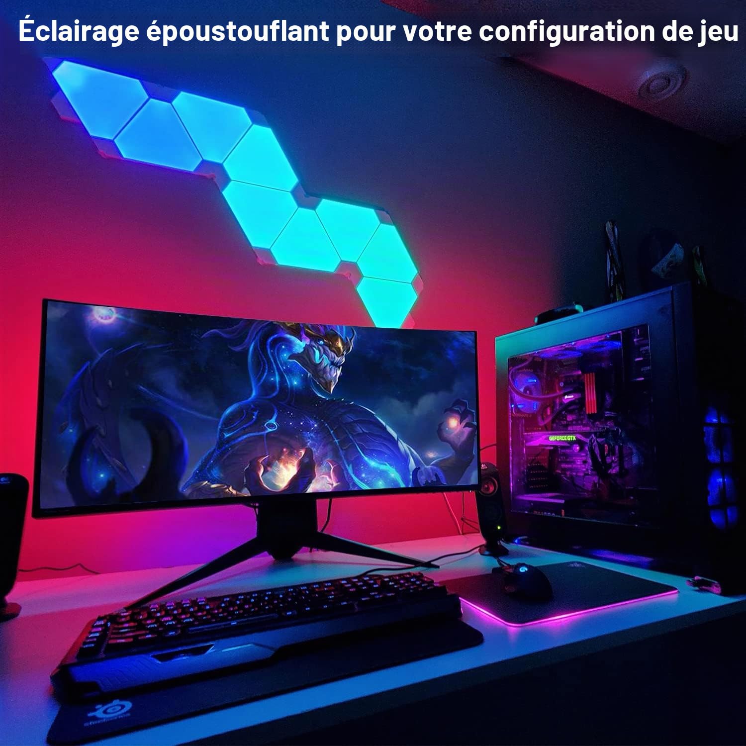 Panneau LED Mural, Applique Murale Interieur LED RGB Triangles Télécommandée Deco Gaming Fonctionne avec Alexa/Google Assistant,App et Contrôle Vocal Musique Sync pour Chambre,9 Panneaux Lumineux
