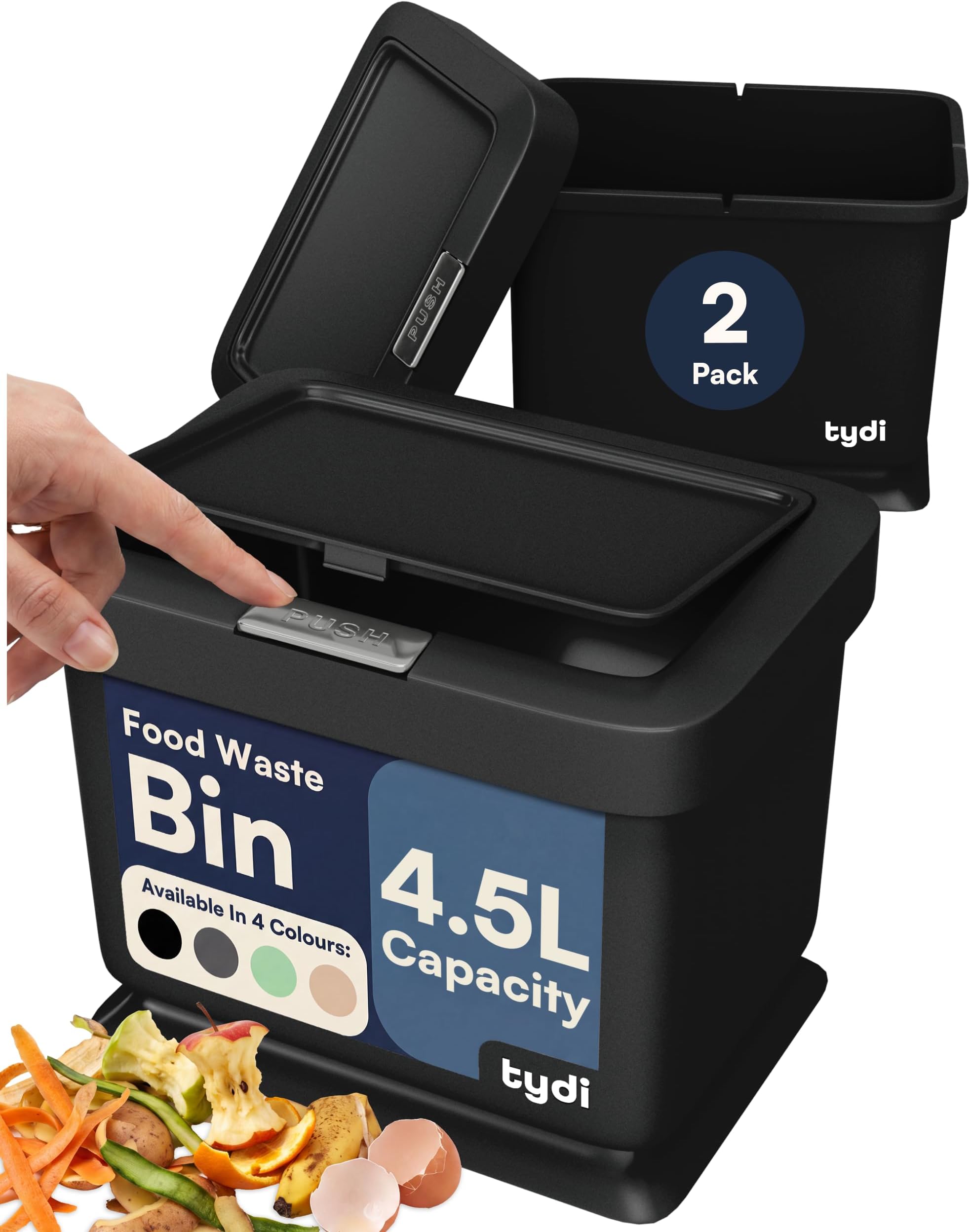 Tydi 4.5L Food Waste Bin 2 Pack, Press-Button Lid, Black