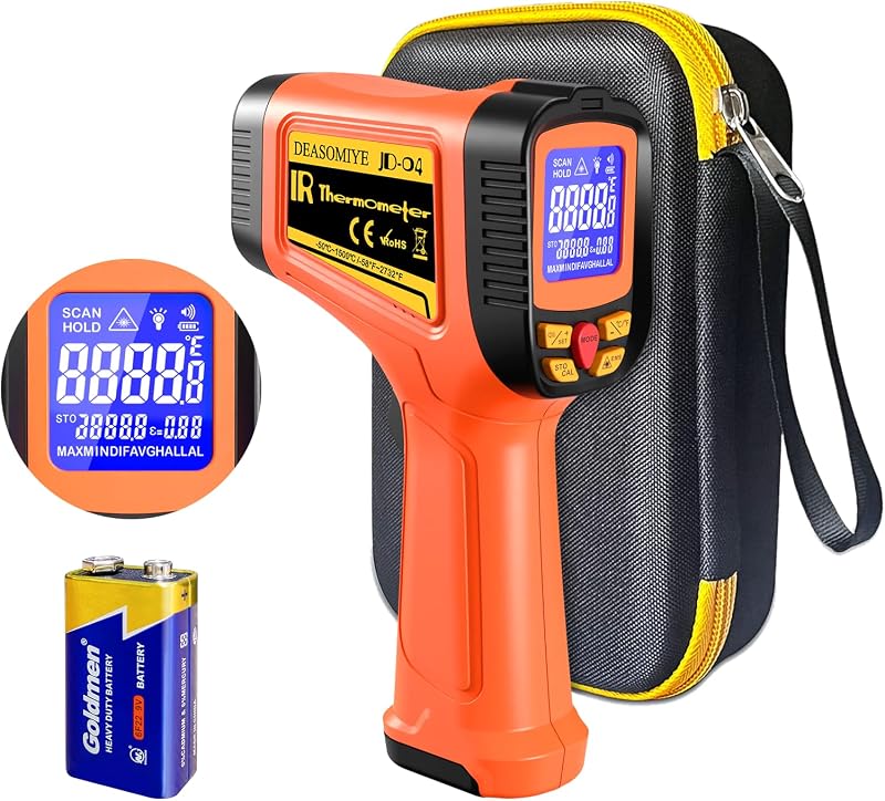 Pistola de termómetro infrarrojo digital de -58 °F a 2732 °F, pistola de temperatura láser con relación de distancia 50:1 con medida y alarma MAX/MIN/AVG, pistola de temperatura IR de calor para cocinar, plancha, HVAC, forja industrial
