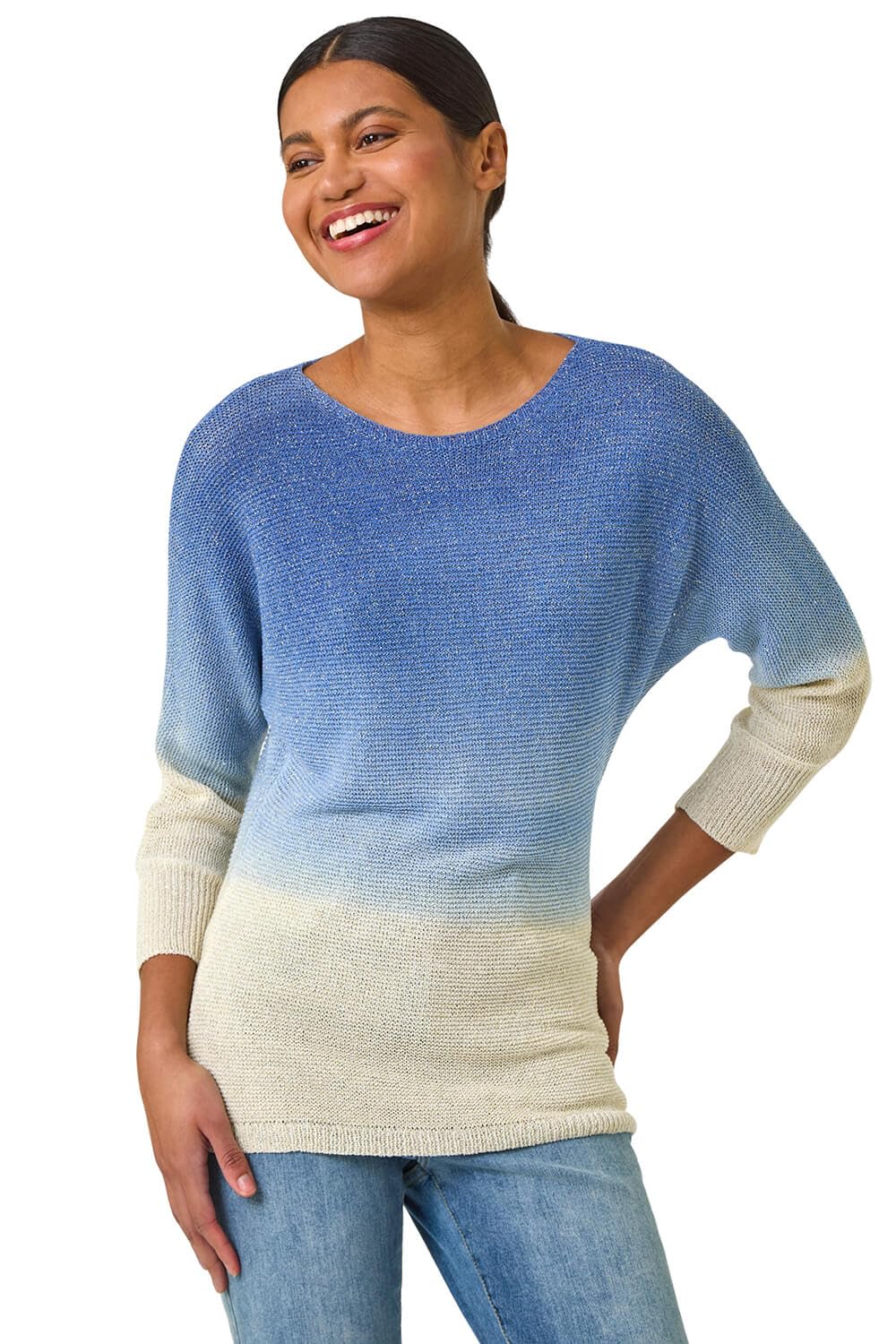 Roman Originals Women's Blue Ombre Shimmer Knit Jumper For Uk - Everyday Holiday Spring Summer Round Neckline Comfy Soft Evening Vacation Work Party - Size 14