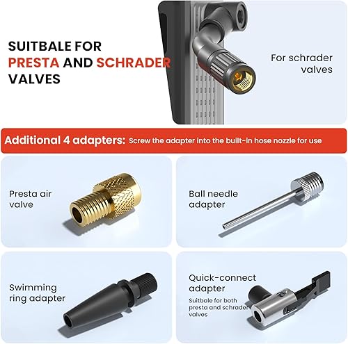 Miniatura 6 de Mini bomba de neumáticos para bicicleta (inflado rápido de 150 PSI con calibrador) (válvula Presta y Schrader) Bomba de aire eléctrica portátil para