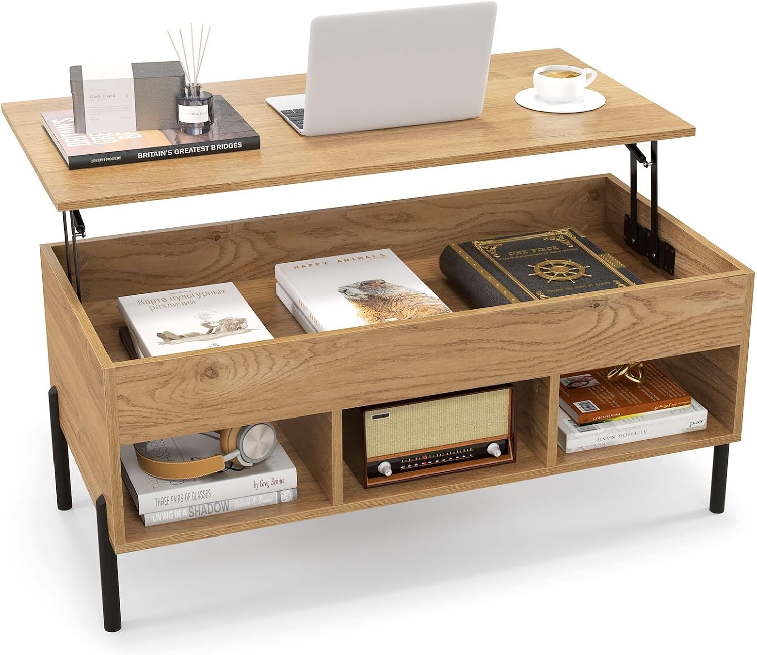 CASART Lift Top Coffee Table, Wooden Lifting Sofa Side Table with