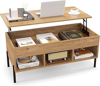 CASART Lift Top Coffee Table, Wooden Lifting Sofa Side Table with Hidden Compartment & 3 Open Cubbies, Home Office Tea Table Center Table for Living Room Bedroom Study
