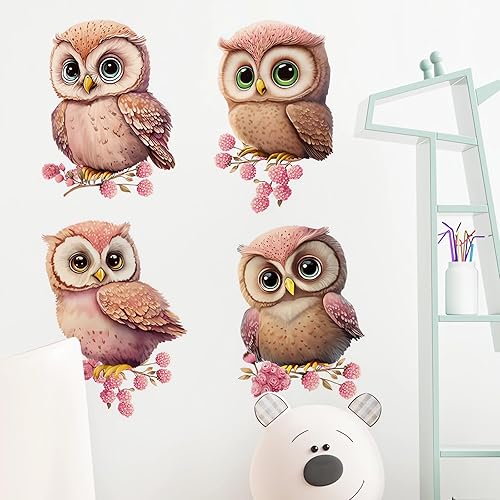 Miniatura 4 de Calcomanías de pared con diseño de búho pequeño rosa, diseño de animales de dibujos animados de sacinora para bricolaje, vinilo extraíble para