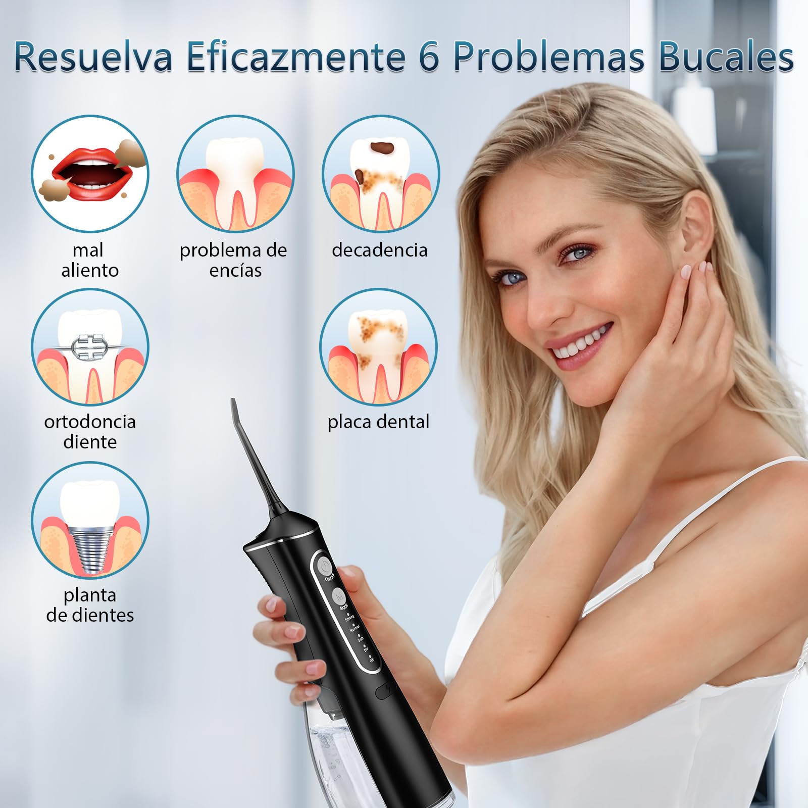 Irrigador Dental Portátil, 300ML Irrigador Dental Profesional con 5 Boquillas y 4 Modos, Tecnología DIY de Autoajuste, Irrigador Bucal Inalámbrico para Viajes y Hogar, Impermeable IPX7 — view 6