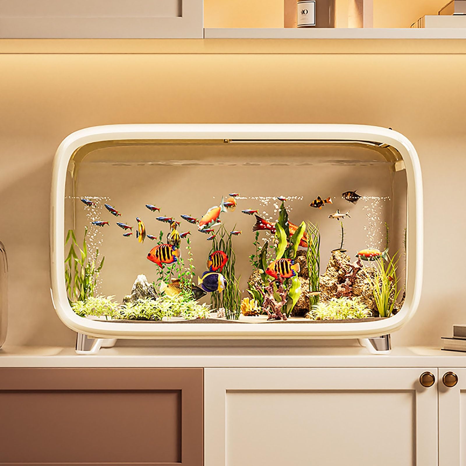 Pecera Pequeña, Tanque De Peces De Acuario, Diseño Transparente, Fácil Limpieza, Resistente, Pecera Betta, Ideal para Decoración del Hogar(White)