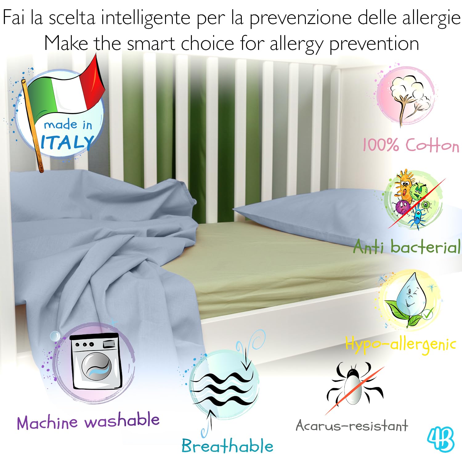 4BABIES - Drap Plat bébé 120x180 - Drap lit bébé à barreaux - Linge de lit Enfant en 100% Coton Fabriqué en Italie certifié Oeko-TEX - Bleu Clair