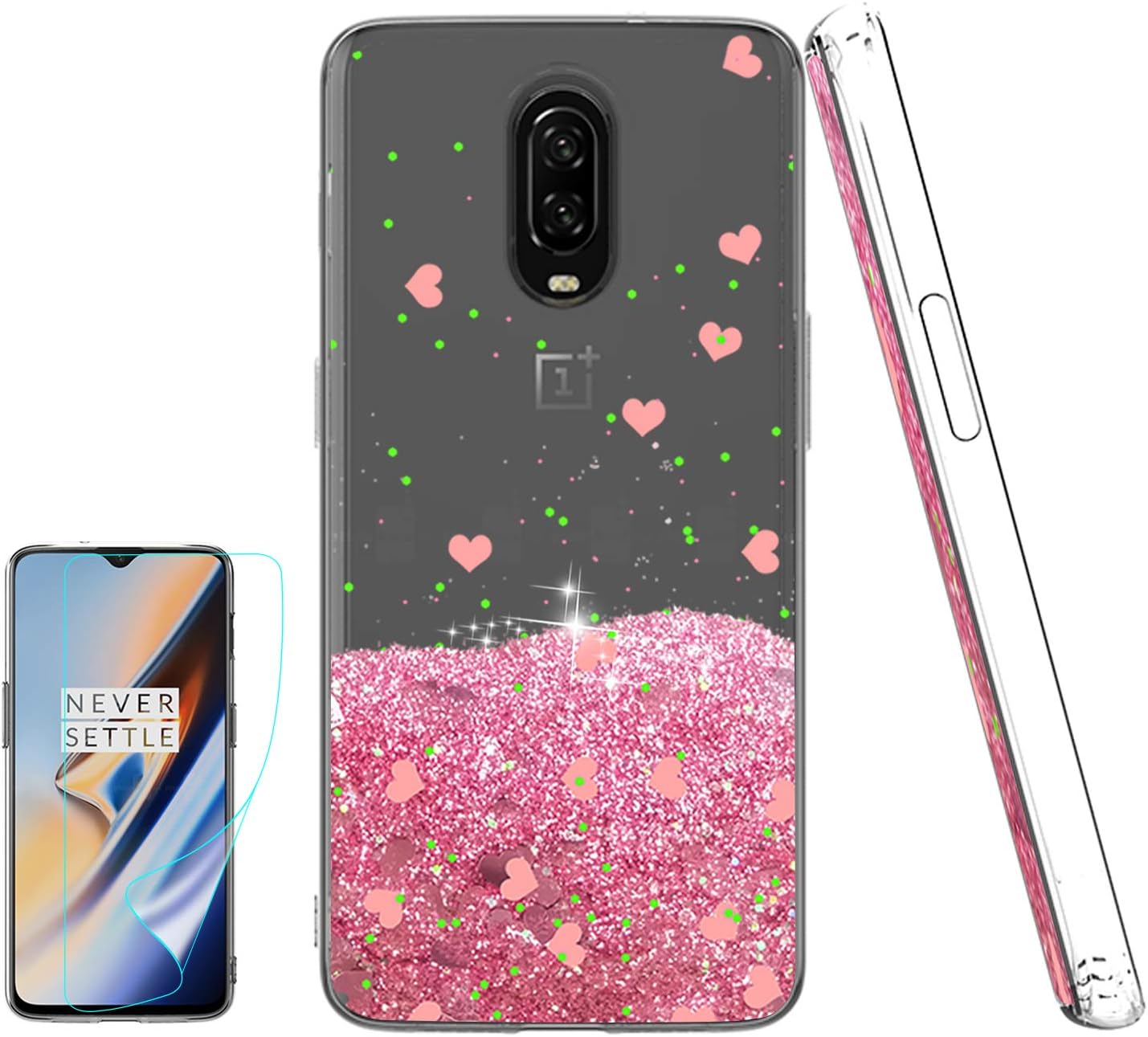 Atump Compatible with OnePlus 6T Cases with Screen Protector for Girls Women, Luxury Bling Diamond Quicksand Liquid Clear TPU Protective Phone Case Phone Cover for OnePlus 6T Pink
