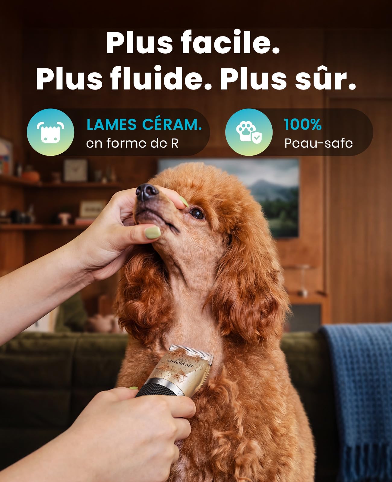 oneisall Tondeuse silencieuse pour chiens, batterie 2000mAh, autonomie 4h, pour chats et chiens à poil épais, rasoir pour poils longs (doré)