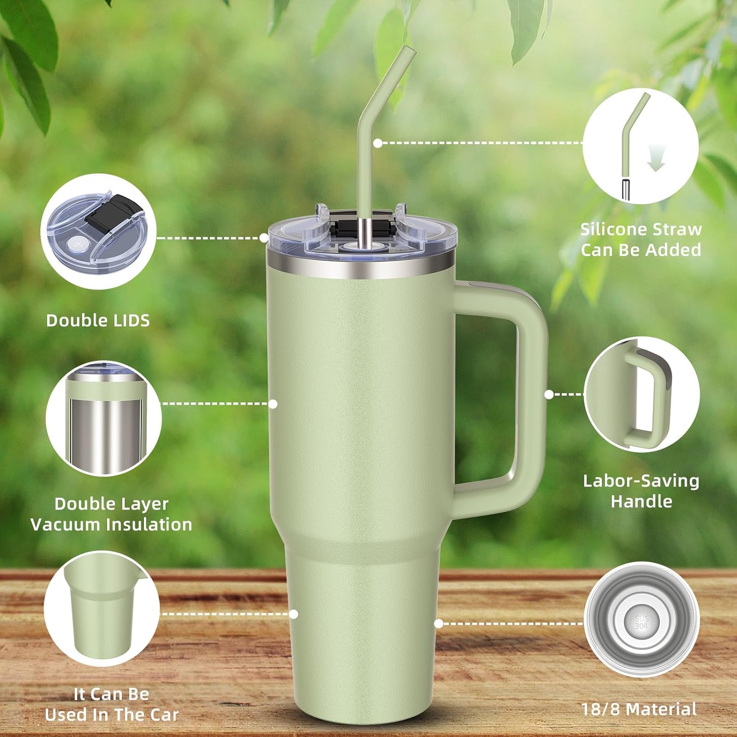 40 oz tumbler with handle and straw,Double Wall Vacuum Reusable Stainless Steel Insulated Water Bottle,With Leak Proof lid and Straw for Iced or Cold Beverages (bay green) - Image 6
