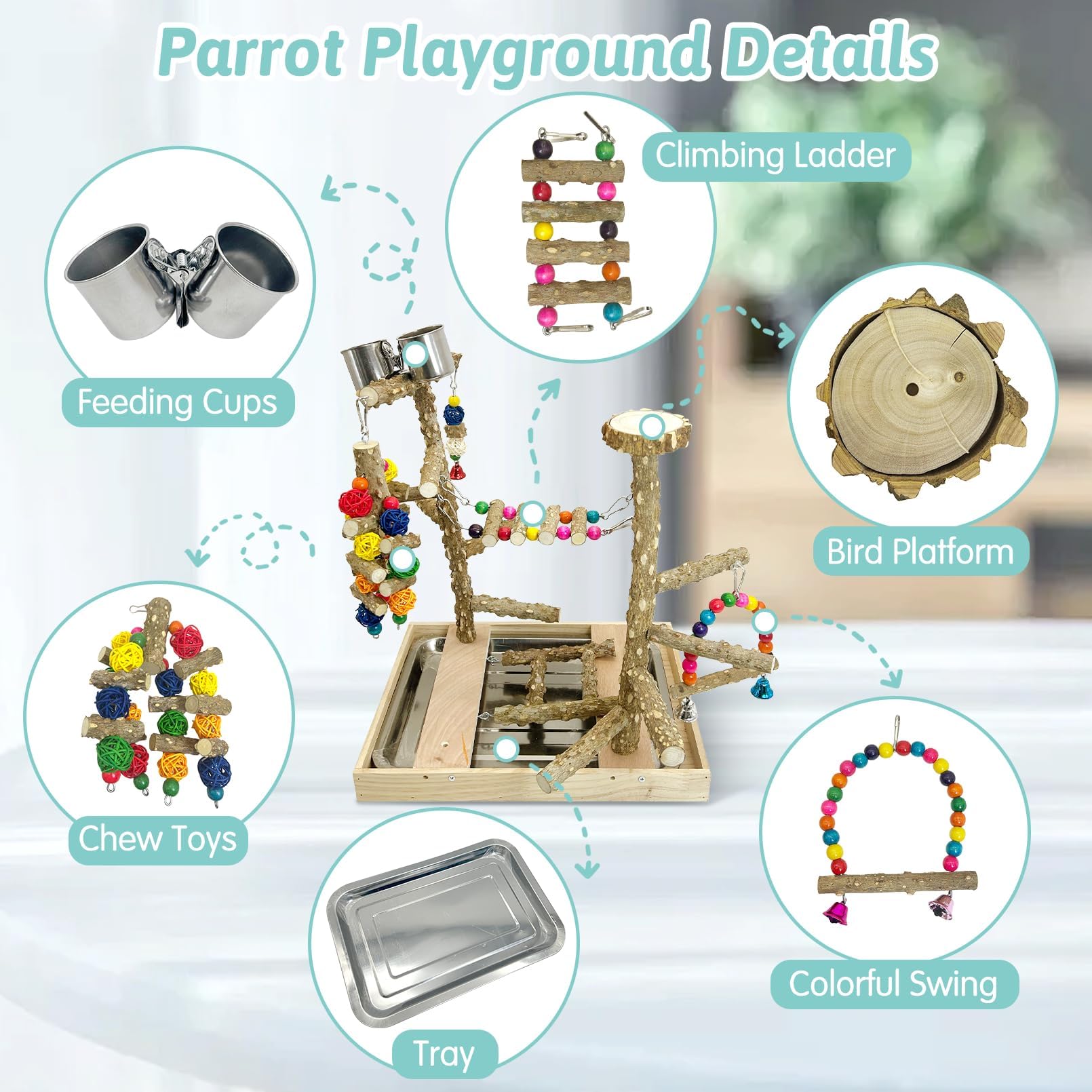 PINVNBY Bird Playground Natural Wood Parrot Perch Stand Bird Play Gym Colorful Ladder Swing Chewing Toys with Metal Tray and 2 Stainless Steel Cups Cage Accessories for Conure Cockatiel Parakeet - image 3