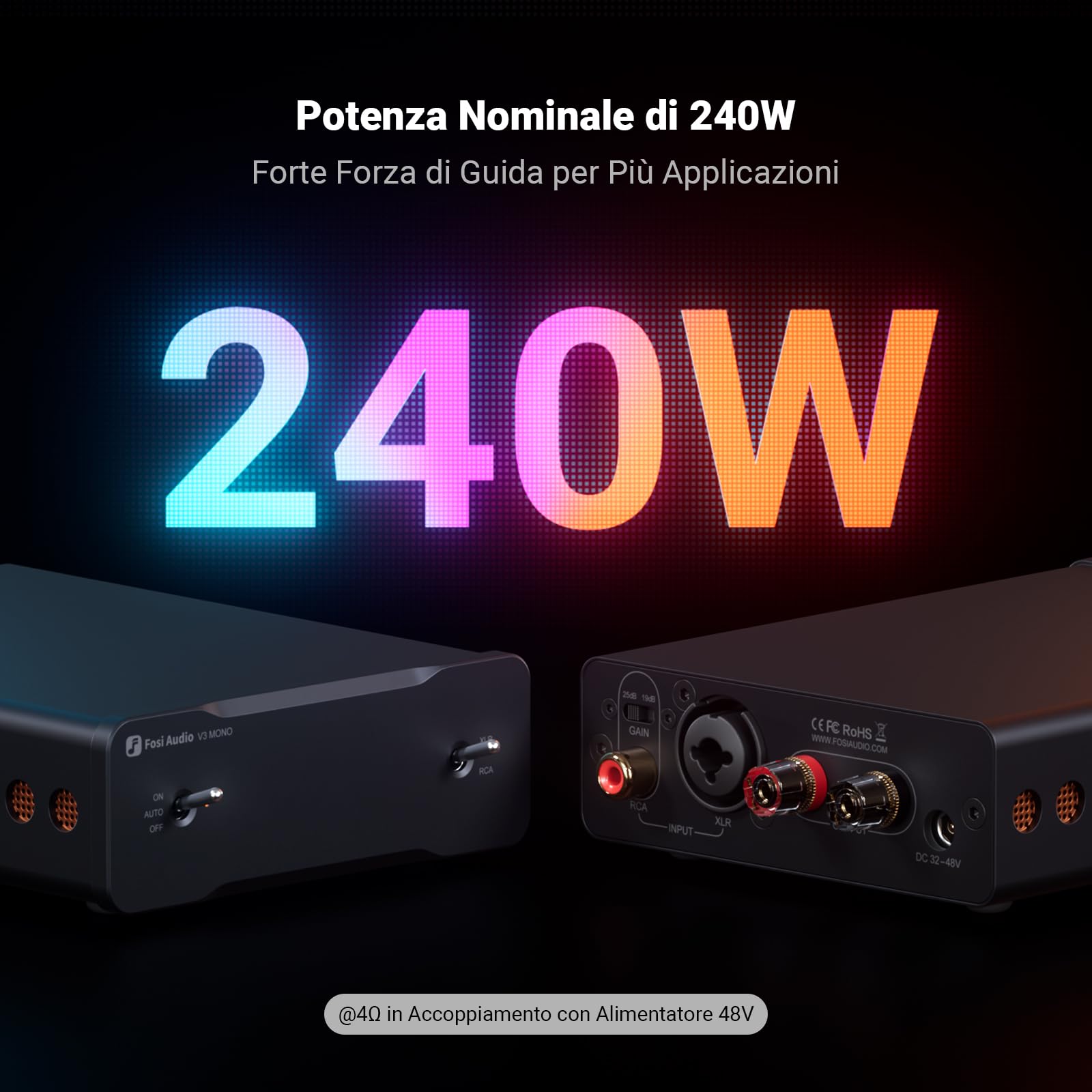Fosi Audio V3 Mono Amplificatore Audio HiFi, Mini Amplificatore Monoblocco, Classe D TPA3255, 240W per Home Theater AVR Ricevitore Component, Ingressi Bilanciati RCA/XLR, Diffusori, con 48V/5A Power