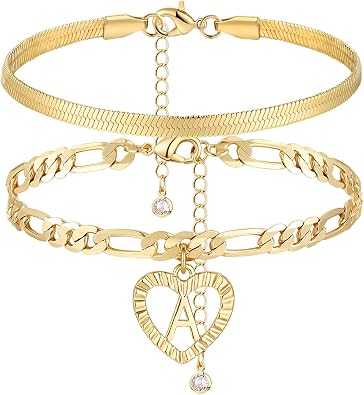 YANODA Gold Ankle Bracelets for Women Waterproof, 14k Gold Plated Layered Snake Anklets Figaro Chain Letter Initial Anklets Handmade Heart Ankle Bracelets Personalized for Women Beach Jewelry Gifts