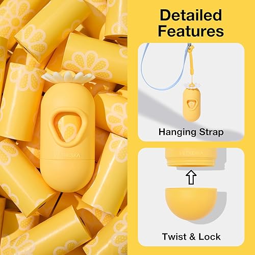 Miniatura 6 de VETRESKA Dispensador de bolsas para excrementos de perro con bolsas de basura perfumadas de margaritas, a prueba de fugas y bolsas extra gruesas