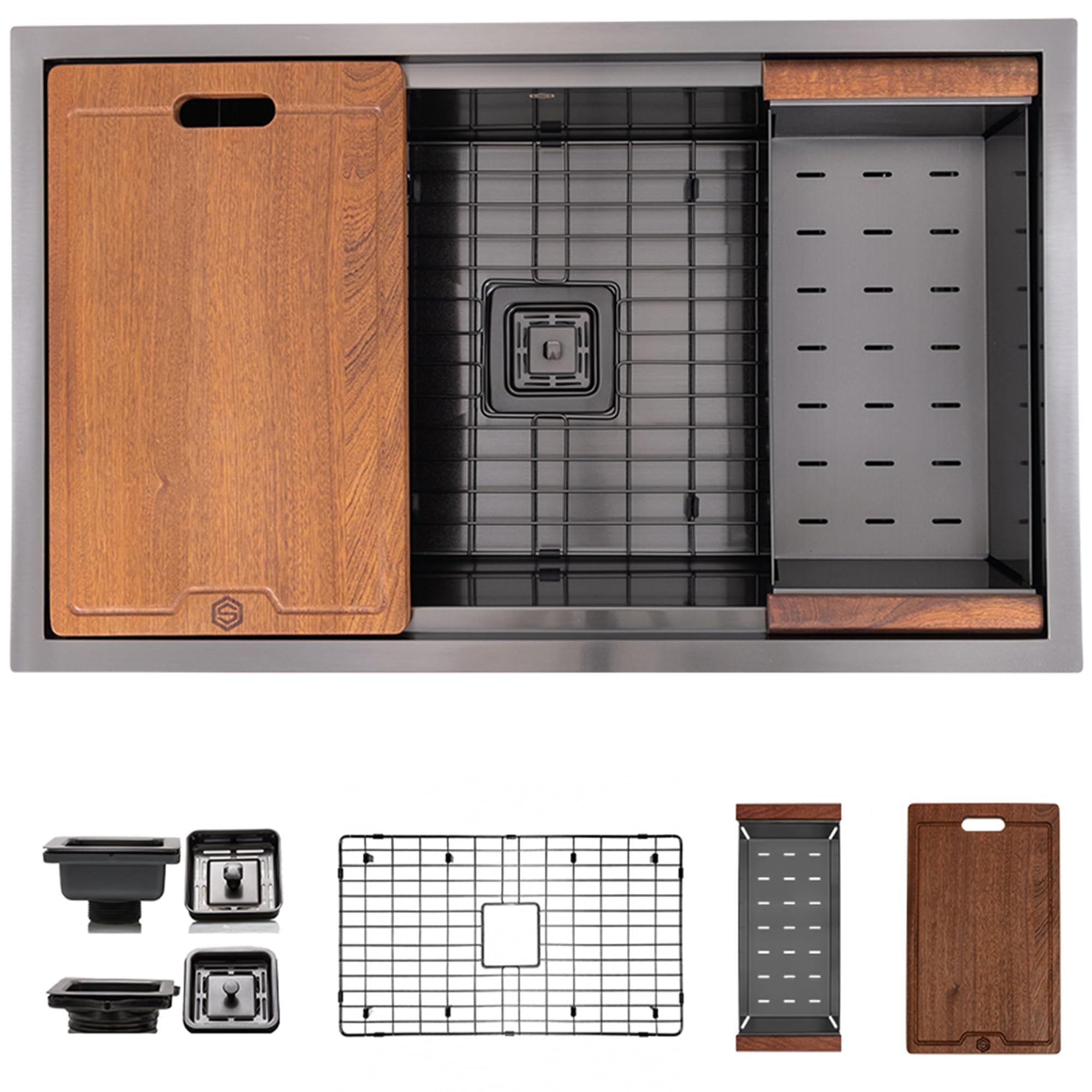 Strictly Sinks Undermount Workstation Black Kitchen Sink – 32 Inch 16 Gauge Single Bowl Kitchen Sink with Bottom Grid, Wooden Cutting Board, Colander, 1 Garbage Disposal Adapter & 1 Strainer Drain