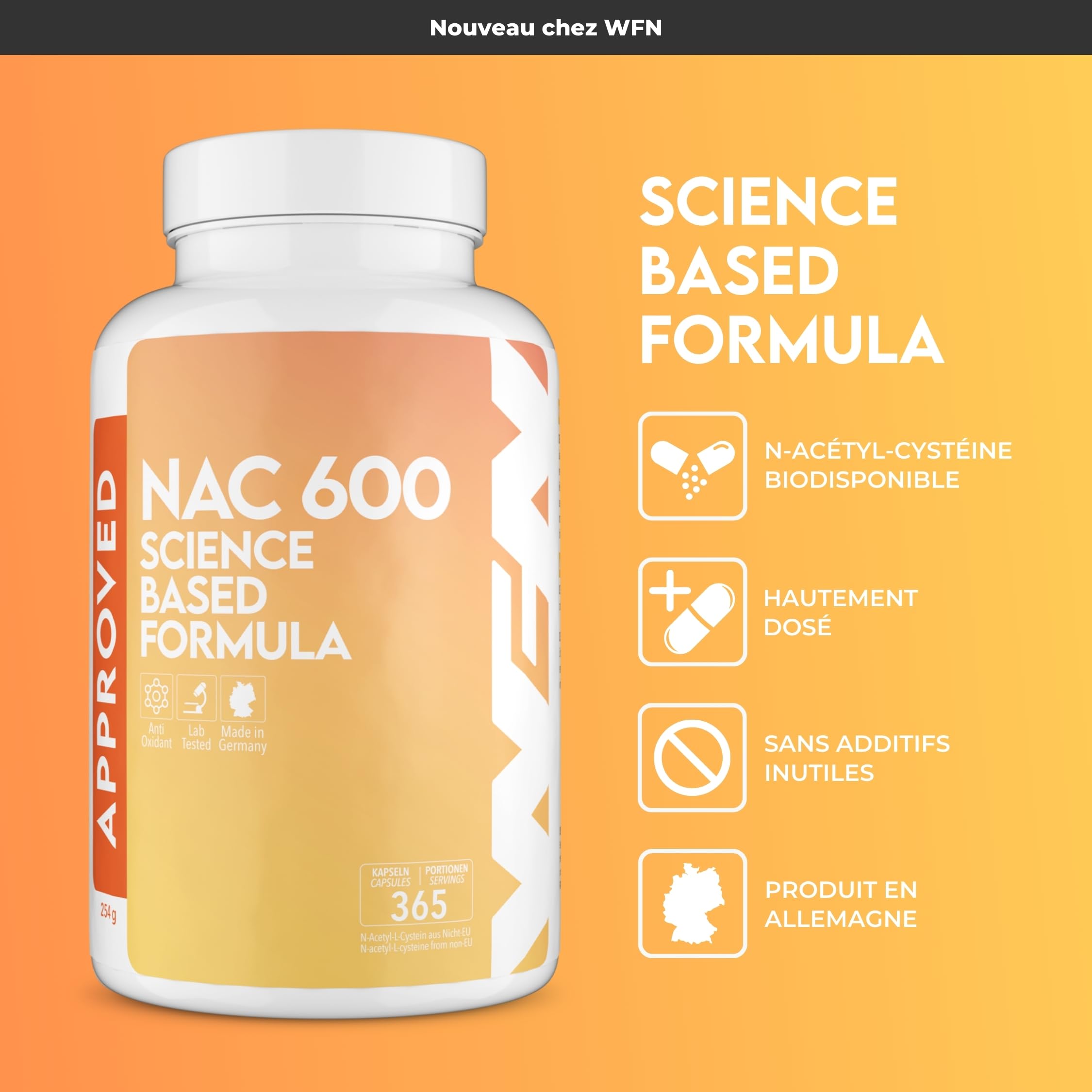 WFN Approved NAC N Acetyl Cysteine - 600 mg par gélule - 365 gélules - 12 mois d'approvisionnement - Hautement dosé, vegan, sans additifs - Fabriqué et testé en Allemagne