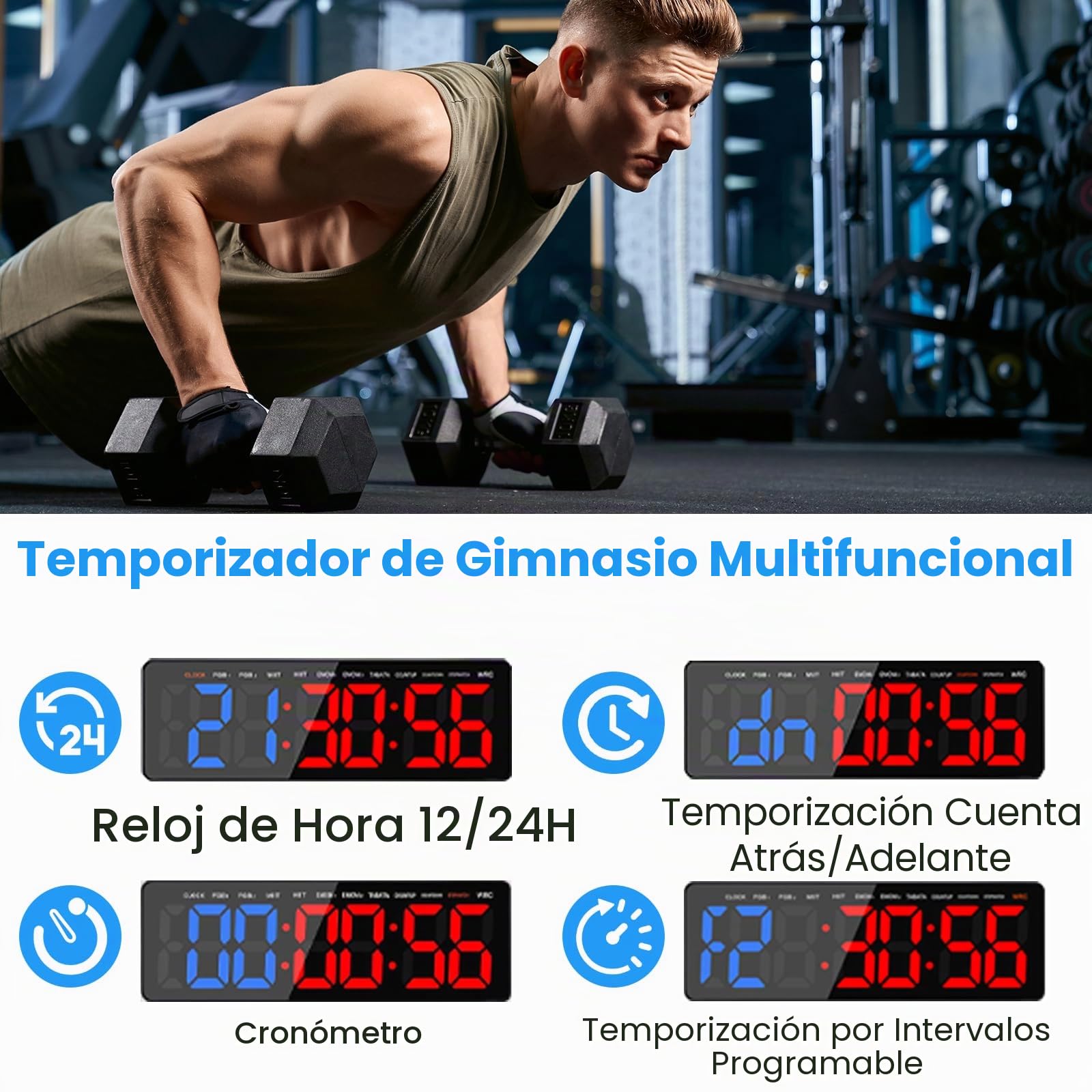 Temporizador de Gimnasio, 16.5" Grande Reloj de Pared Digital Temporizador de Intervalo LED con Countdown & Up Cronómetro, Brillo & Volumen Ajustable, Gym Timer con Control Remoto para Casa