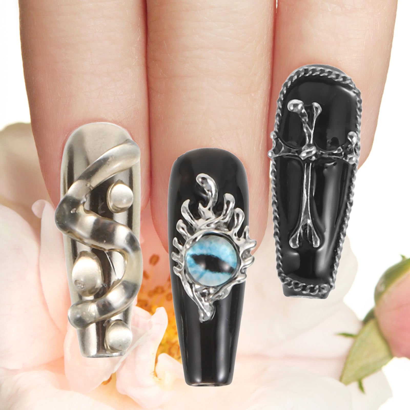Tofficu 50 Stück Halloween Kunstnägel zum Aufkleben, Schwarz, 3d, Gothic