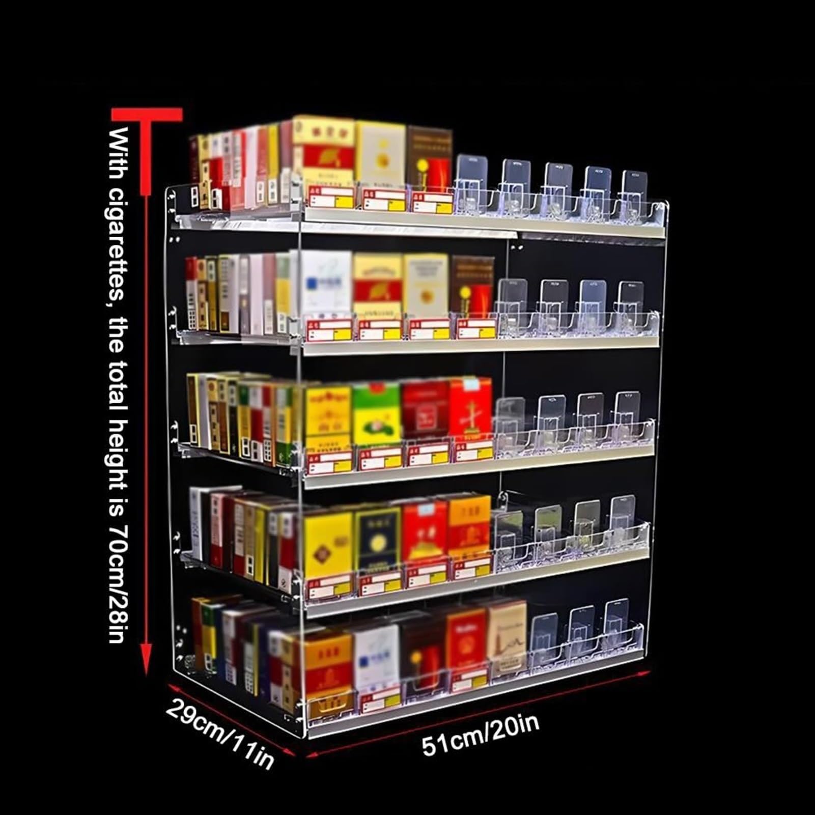 Expositor de cigarrillos automáticos - Vitrina acrílica con soporte para dispensador, estante transparente para cajas de cerillas para venta al por menor, caja comercial para cigarrillos (51x29x70cm)